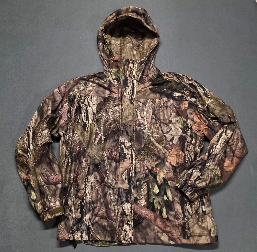 Cabelas Rain Swept Camo Hooded Jacket Mens Large Packable Wind Protection Hunt